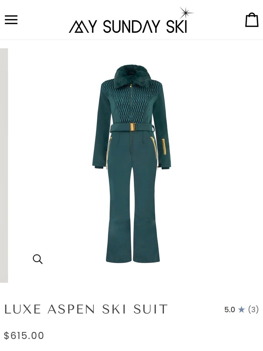My Sunday Ski Luxe Deep Teal Quilted Ski Jumpsuit with Faux-Fur Collar